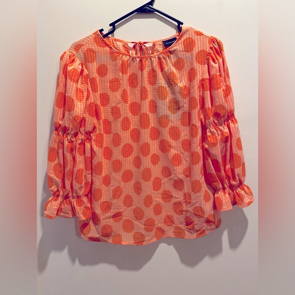 WHO WHAT WEAR, Size XS, Orange Gingham/Polka Dot Ballon Sleeve Blouse NWT - Picture 2 of 7